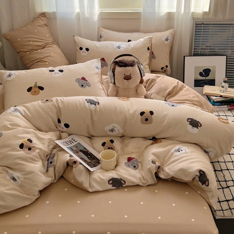 【简亿】新款全棉ins卡通可爱风四件套 床单床笠款四件套双面加厚