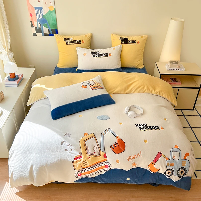 清！挖掘机 A类全消光加厚牛奶绒三四件套 不掉毛无静电不跑被