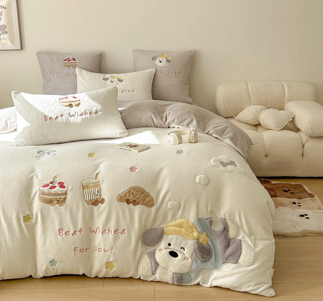 可爱趴趴狗 A类全消光加厚牛奶绒三四件套 不掉毛无静电不跑被