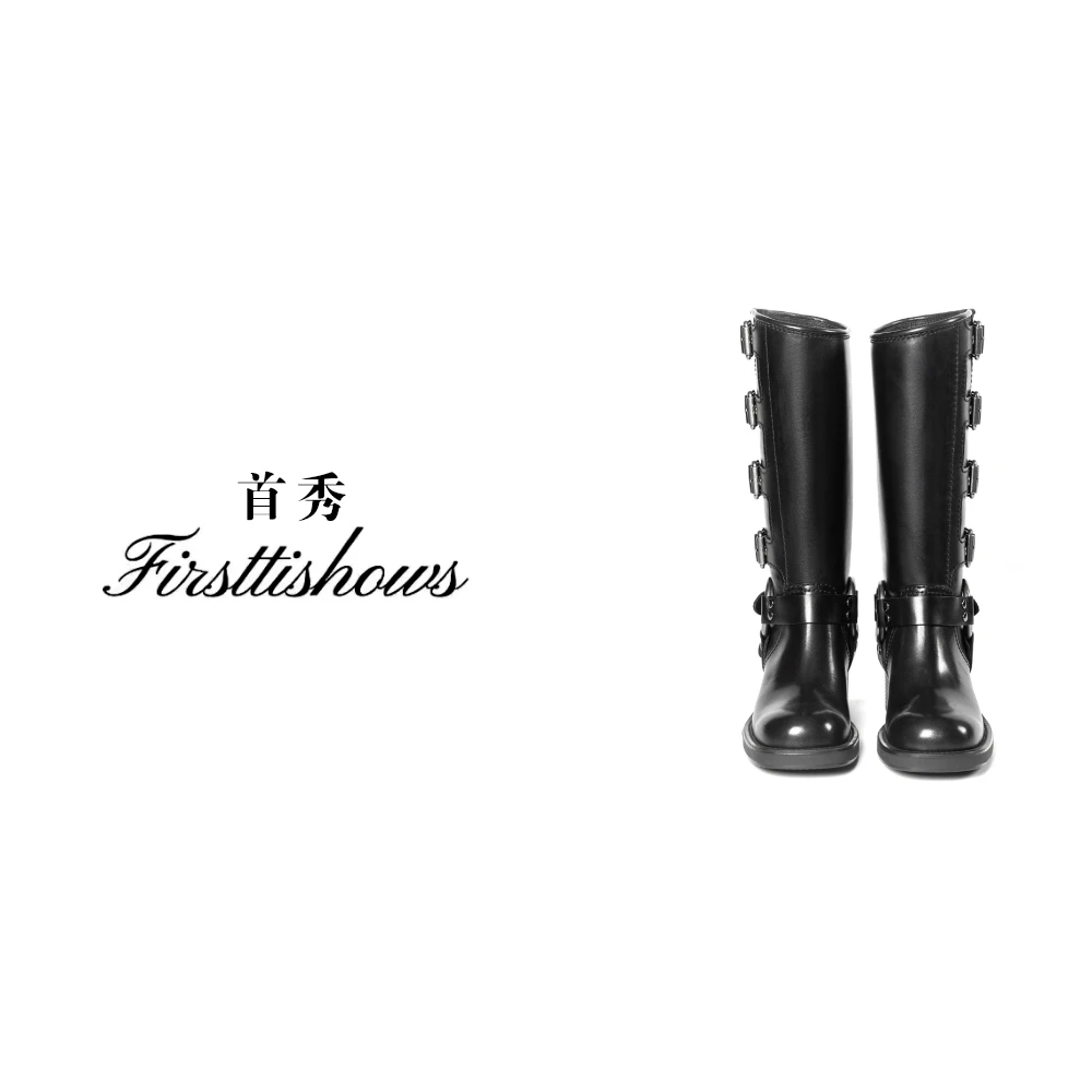 首秀·国奢不过膝长筒靴胎牛复古金属扣西部靴骑士机车靴