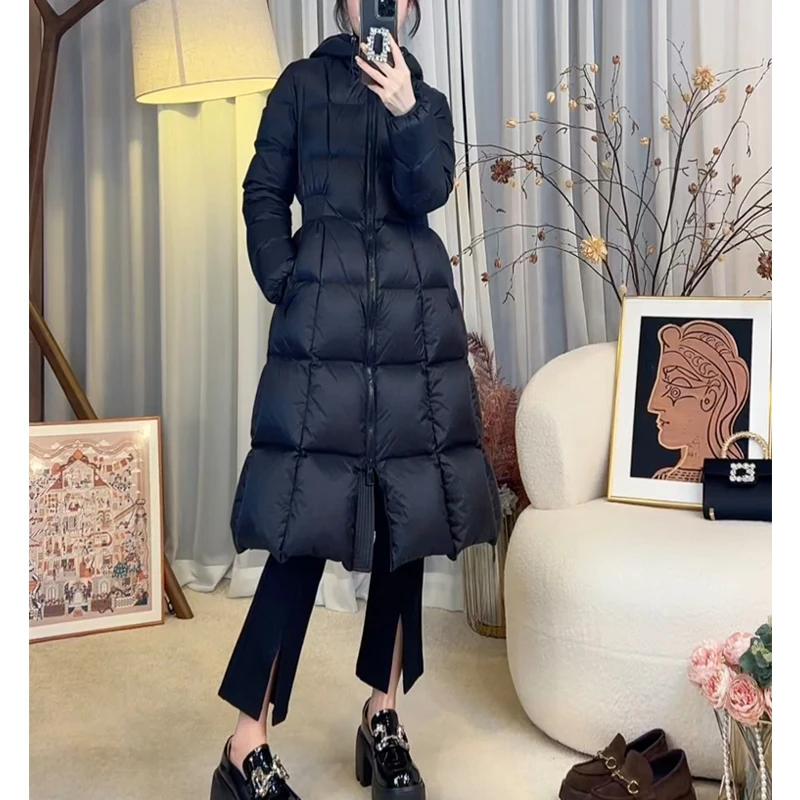 秋冬连帽拉链显瘦收腰中长款修身蚂蚁腰外套女-873