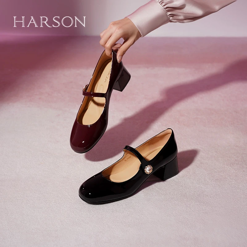 哈森2024秋季新款纯色玛丽珍鞋女复古圆头粗跟玛丽珍HL246001