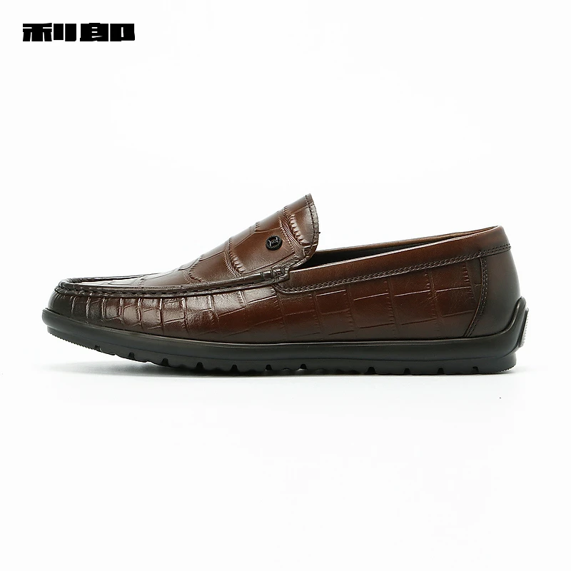 利郎官方 休闲皮鞋男2024秋商务格子头层牛皮一脚蹬懒人鞋乐福鞋