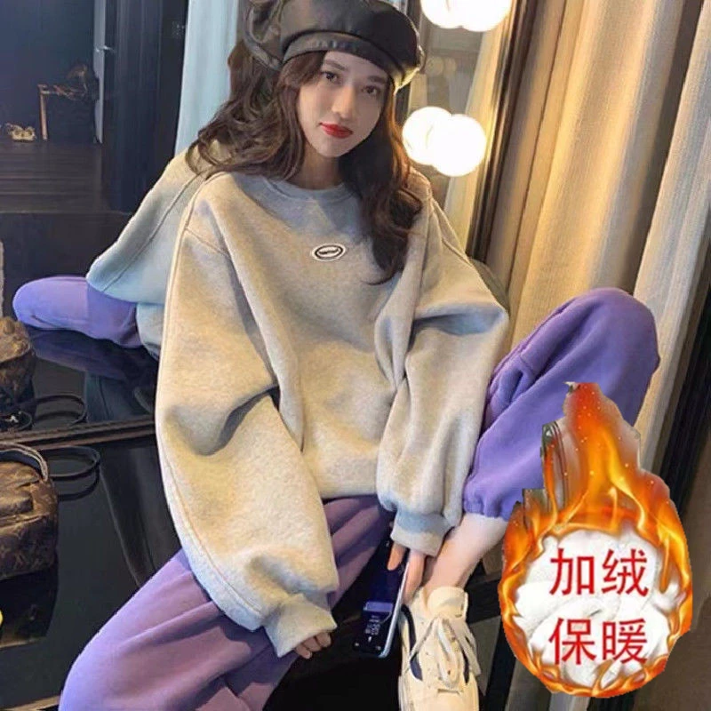 微胖mm大码时尚休闲套装女冬季加绒加厚小个子宽松洋气显瘦两件套