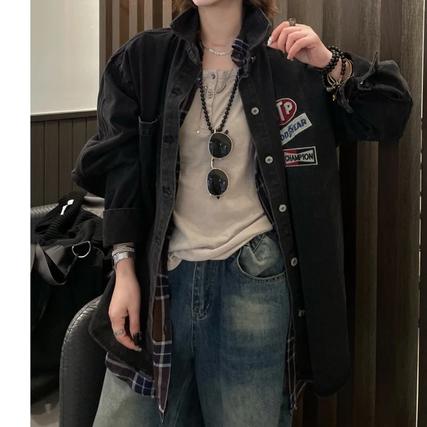 HY1987春秋韩版休闲大码小众洗水贴标牛仔外套ins宽松复古长袖