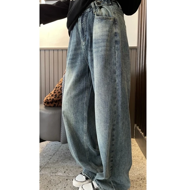 HY1987春秋宽松显瘦高万能腰牛仔裤做旧直筒裤拖地