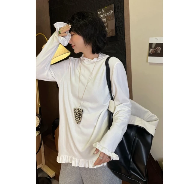 HY1987秋冬磨毛木耳边大码宽松白T恤设计感打底时尚百搭长袖显瘦