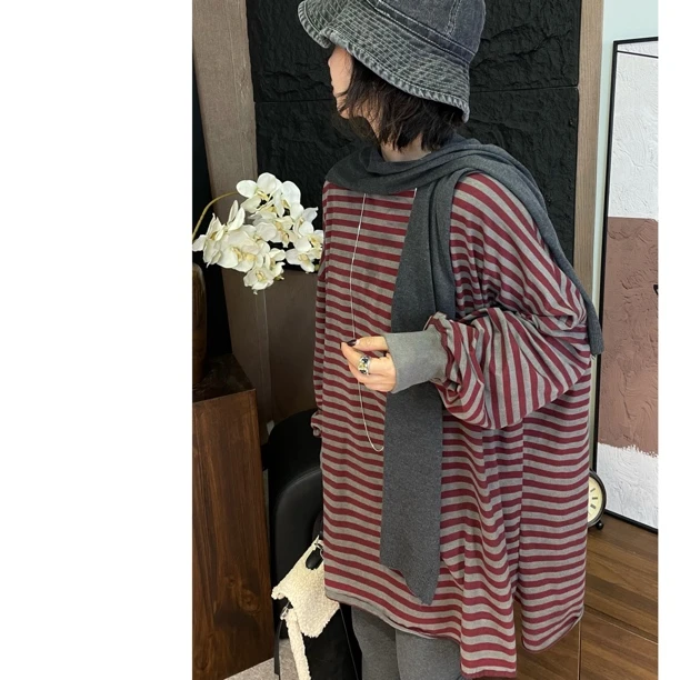 HY1987秋冬宽松显瘦包边拼色条纹纯棉T恤秋季圆领长袖设计感