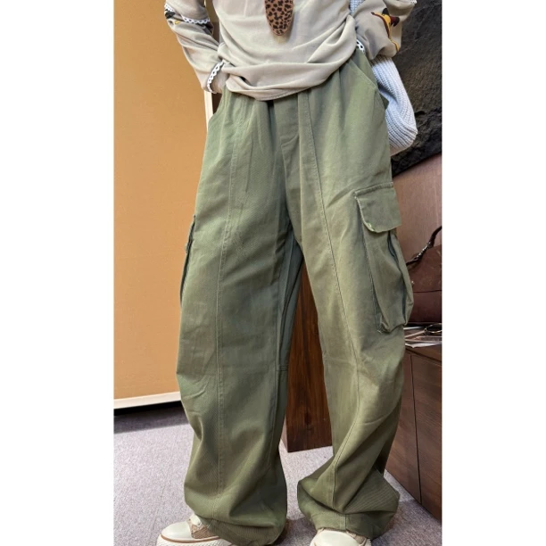 HY1987宽松休闲春秋棉料大口袋两穿工装裤休闲裤百搭直筒时尚
