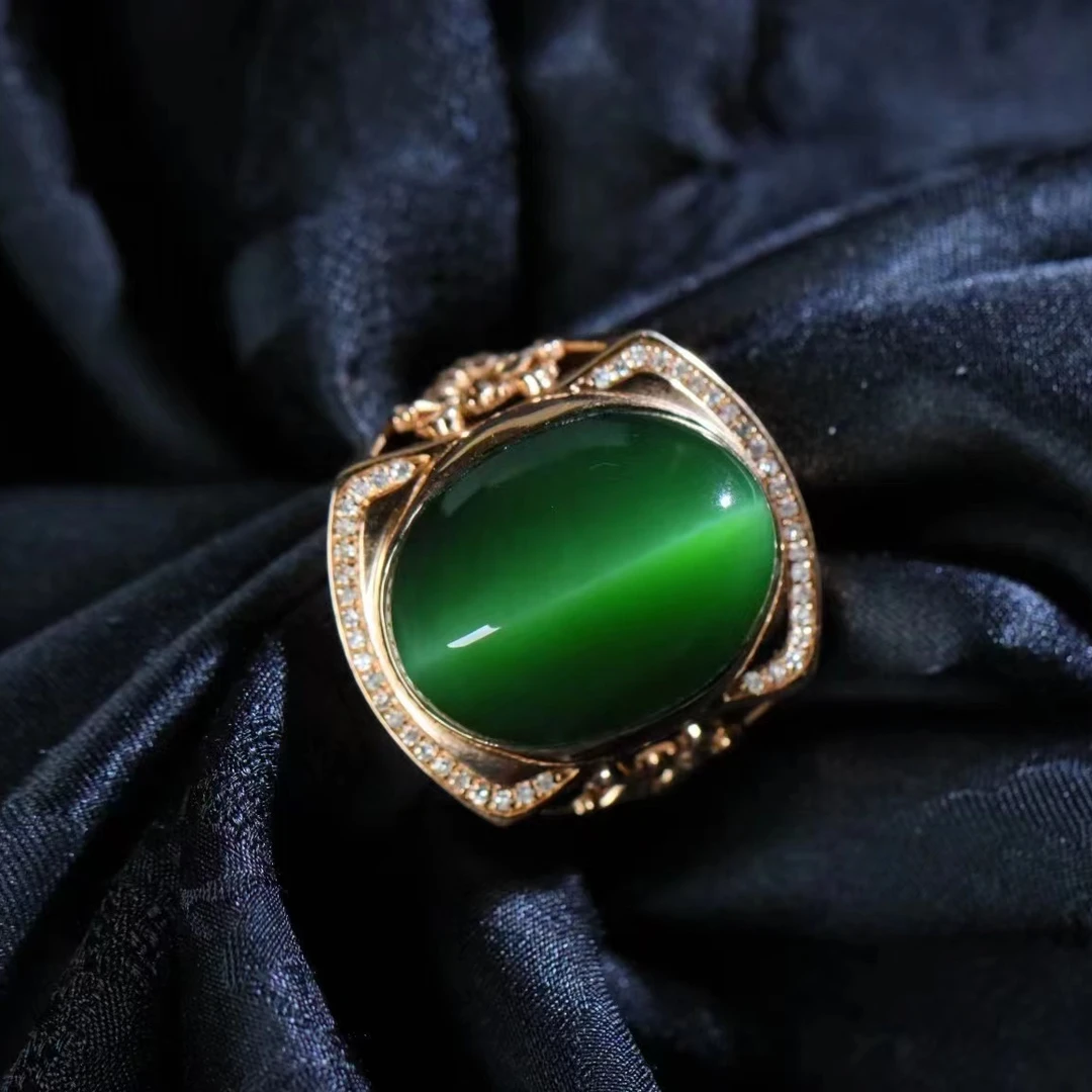 和田玉碧玉猫眼活猫一线猫戒指