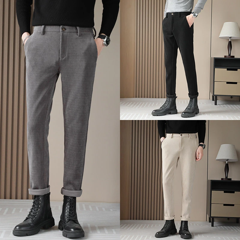 秋冬男士灯芯绒加厚高质感条纹弹力修身痞帅百搭休闲商务小脚西裤