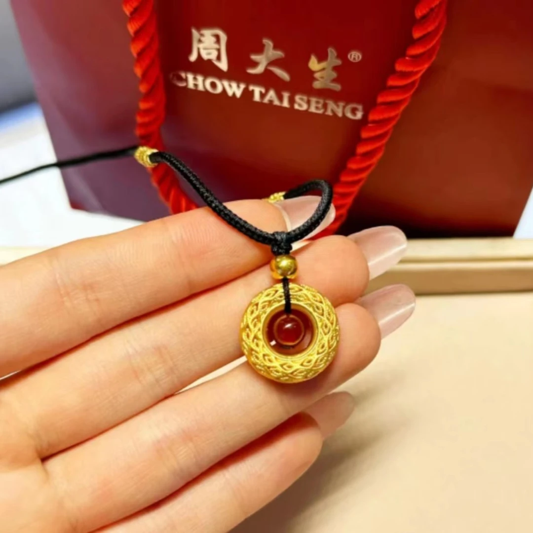 周大生黄金平安扣凤羽扣情侣项链手工编绳送男友女友礼物