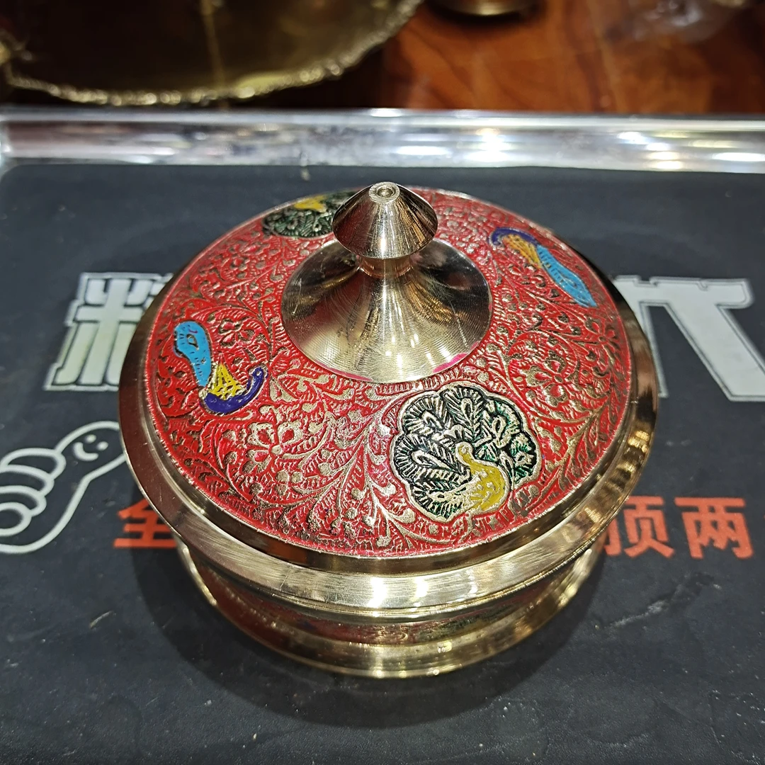 带盖糖果罐茶叶罐巴基斯坦铜器储物罐纯铜黄铜12*9
