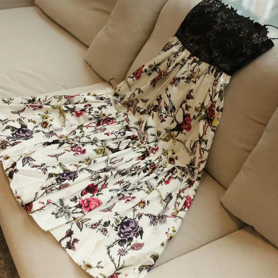 复古玫瑰印花吊带连衣裙