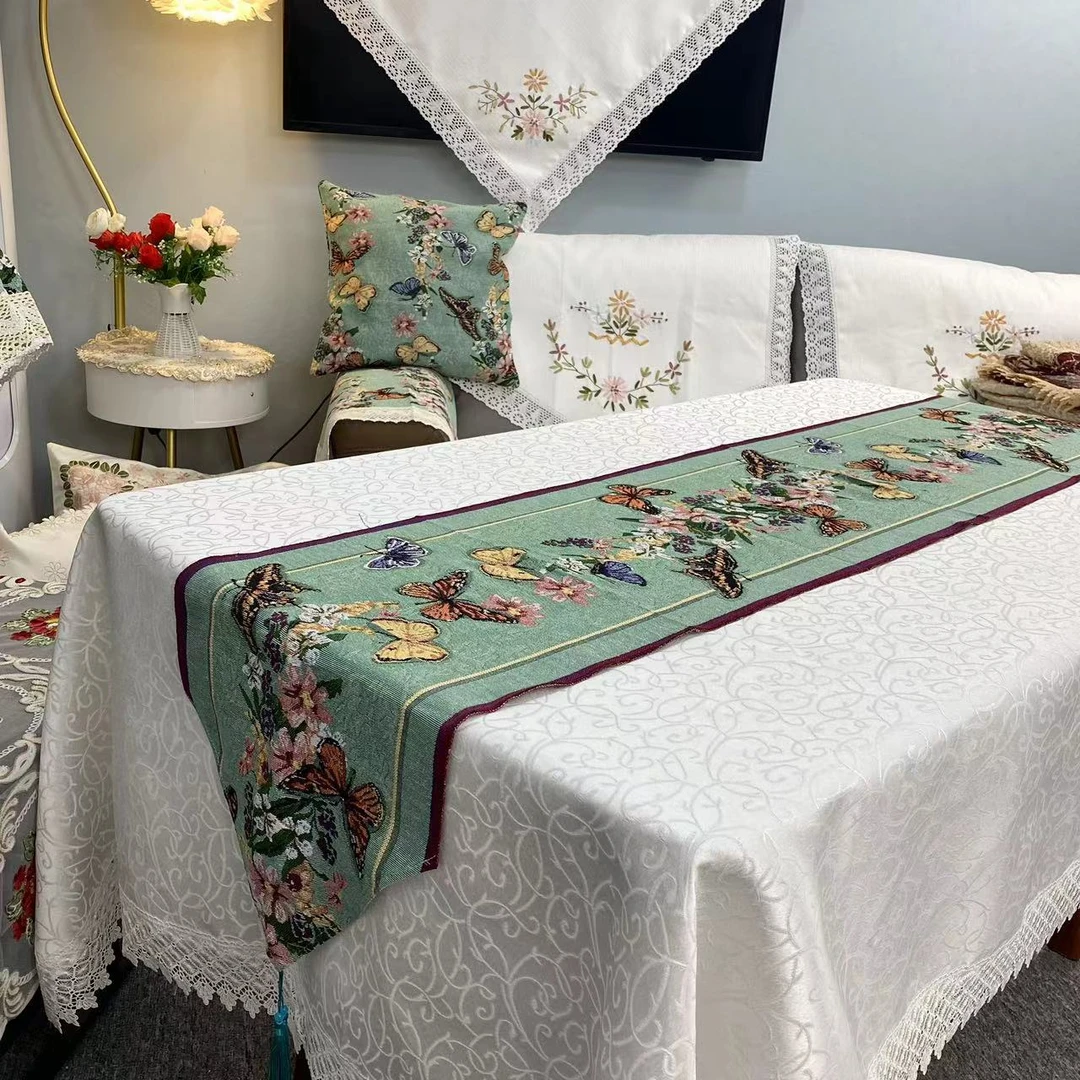 E-04【40*250】绿蝴蝶 棉麻交织布桌旗美式复古棉麻民族风方形防滑