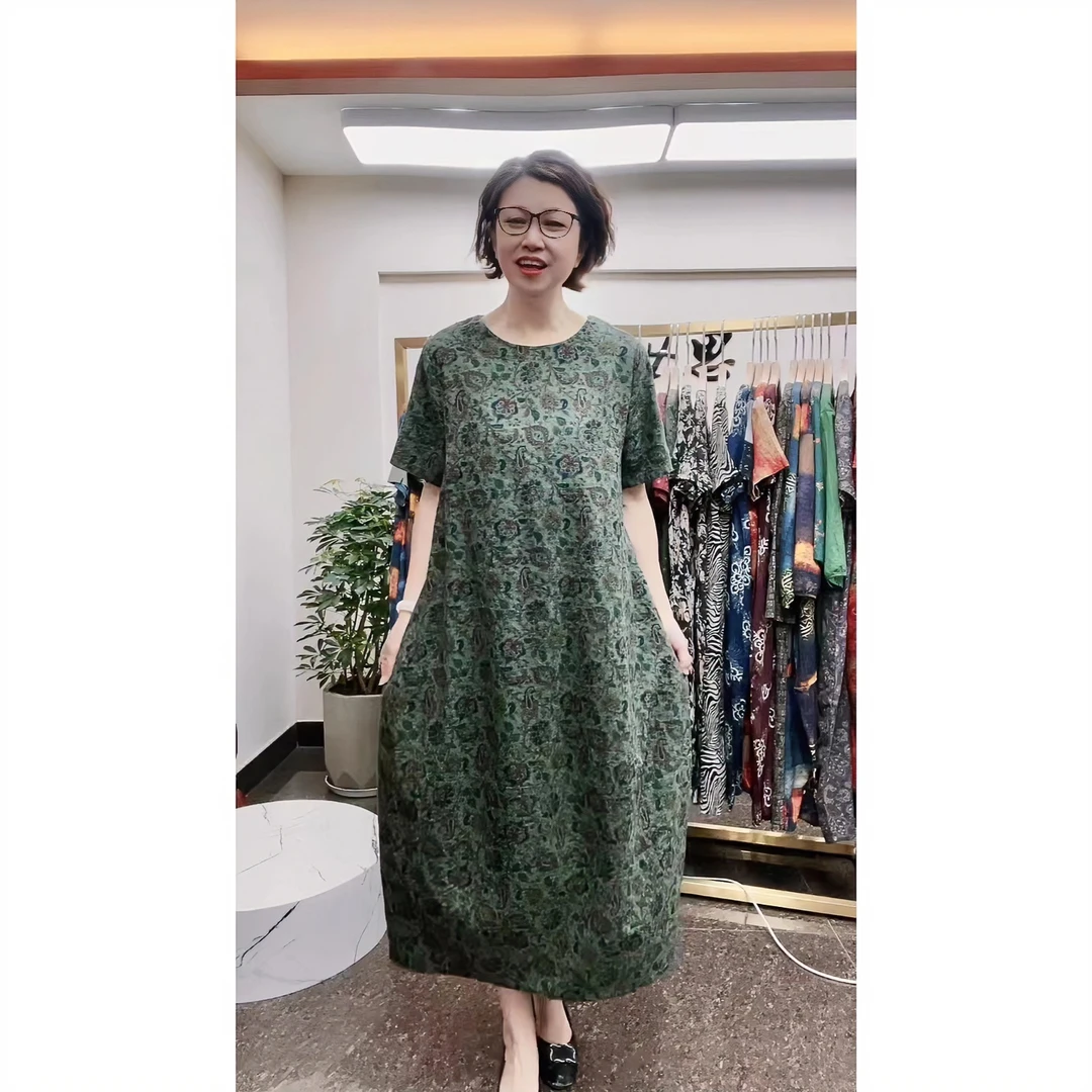 [时世思]夏季棉麻印花宽松文艺短袖连衣裙直筒显瘦中长款连衣裙