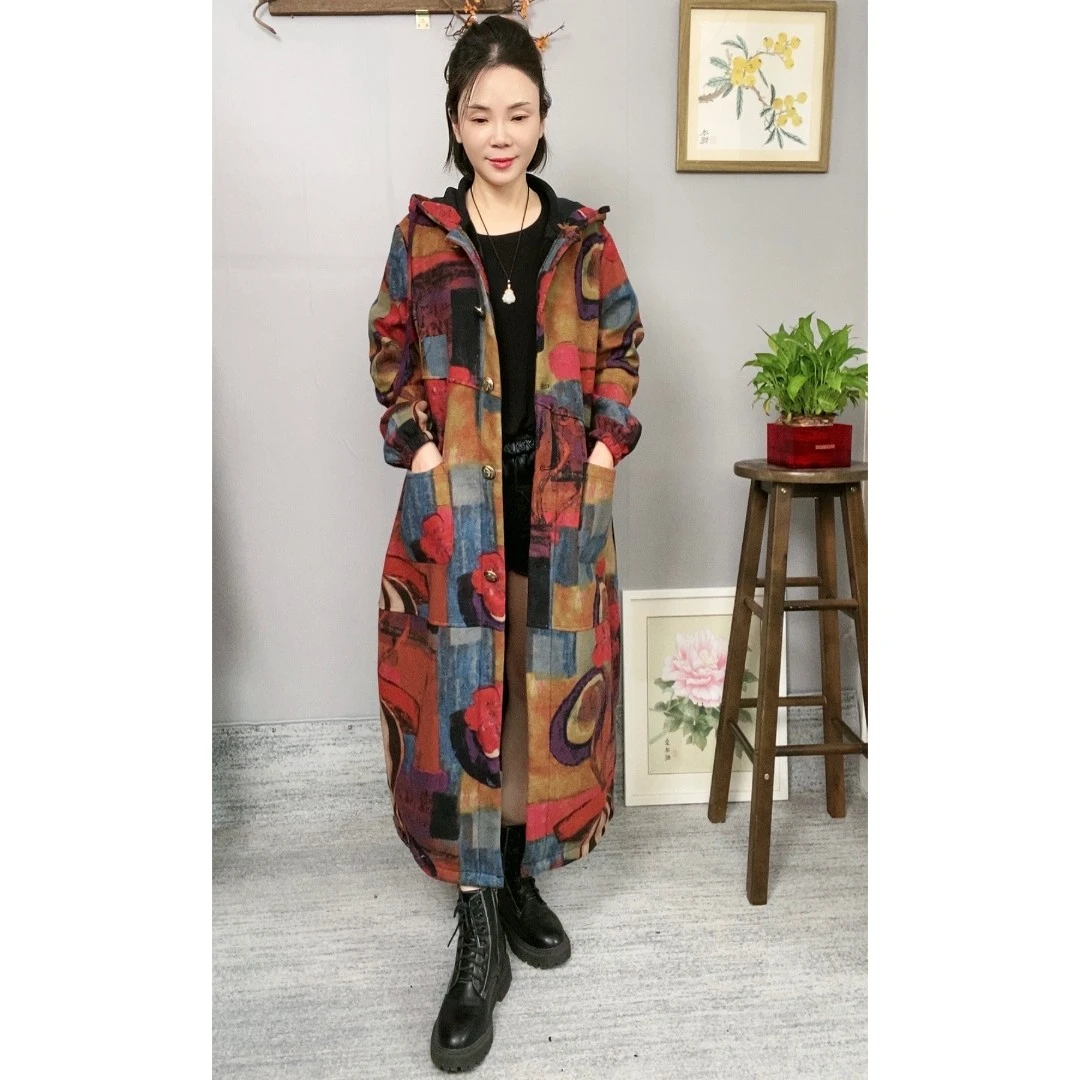 R12冬季棉麻加绒印花欧韩版宽松风衣复古气质遮肉洋气
