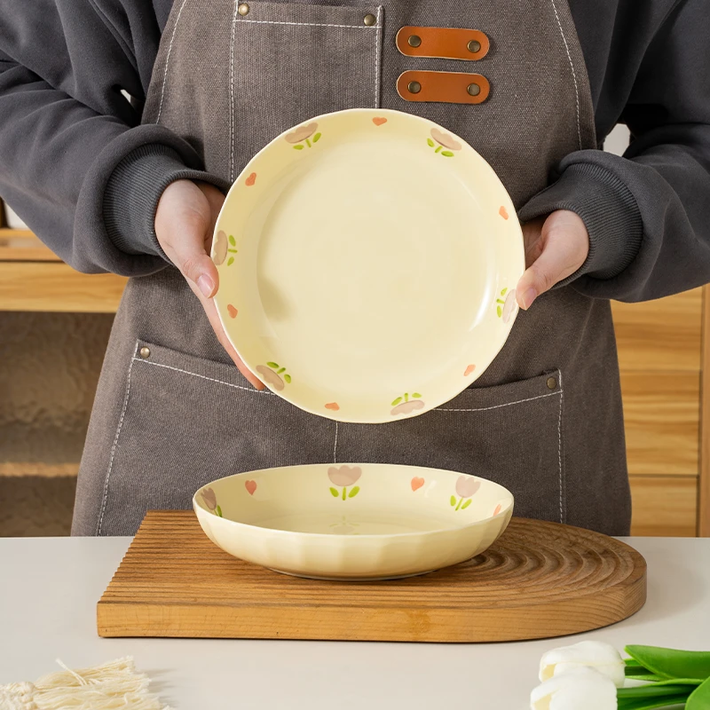 紫郁金香8英寸深盘子2/4个装 家用装菜盘陶瓷碗碟餐具餐盘菜碟子