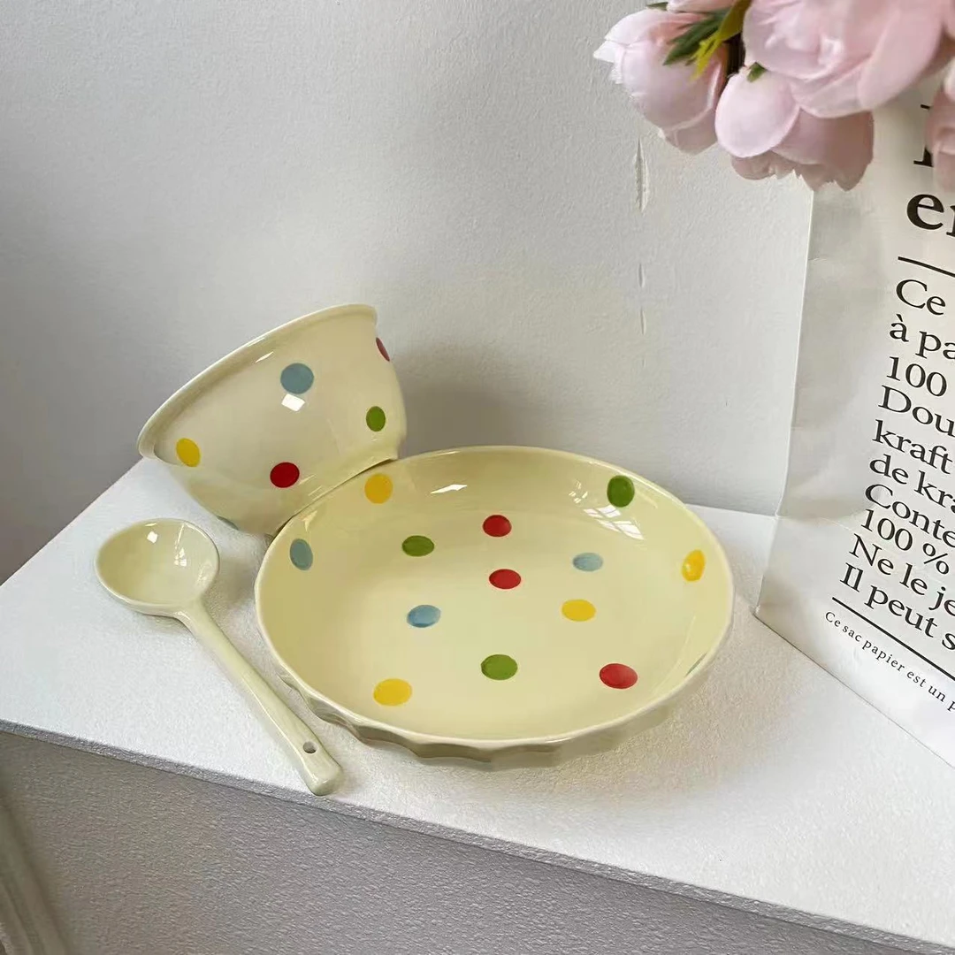 缤纷1人食碗盘组合7英寸圆盘+4.5英寸碗勺家用早餐陶瓷餐具高颜值