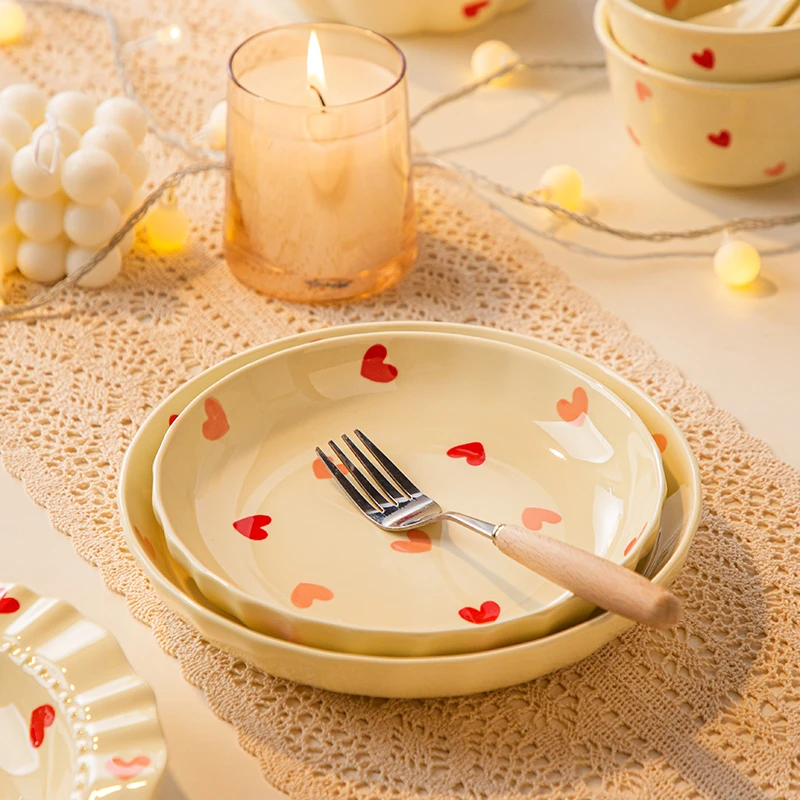 桃心8英寸圆盘+草帽盘 家用陶瓷餐具浪漫异形菜盘子深盘甜品盘