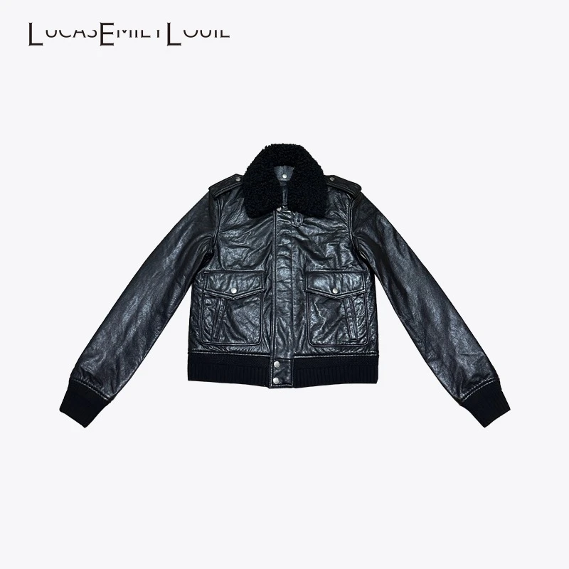 LUCASEMILYLOUIE 复古毛领可拆卸小羊皮飞行员间棉夹克2311036