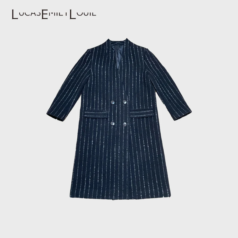 LUCASEMILYLOUIE 2023早春款牛角扣藏青复古条纹羊毛大衣2211016