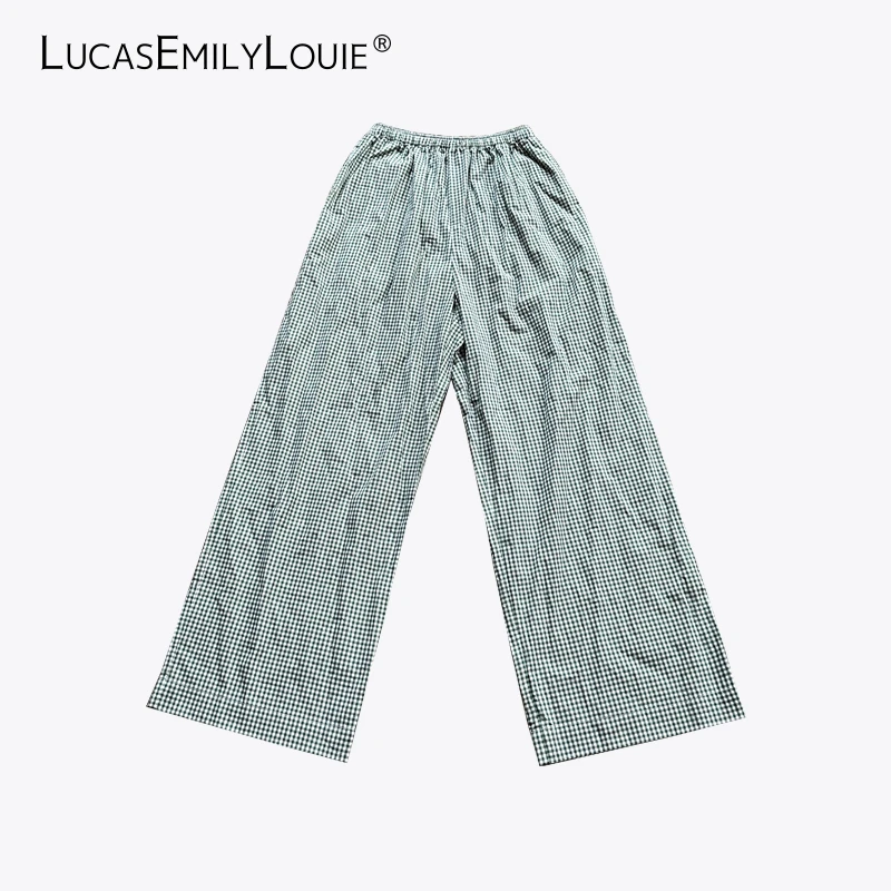 LUCASEMILYLOUIE 慵懒风棉质小格纹皱皱裤松紧腰阔腿裤2410448