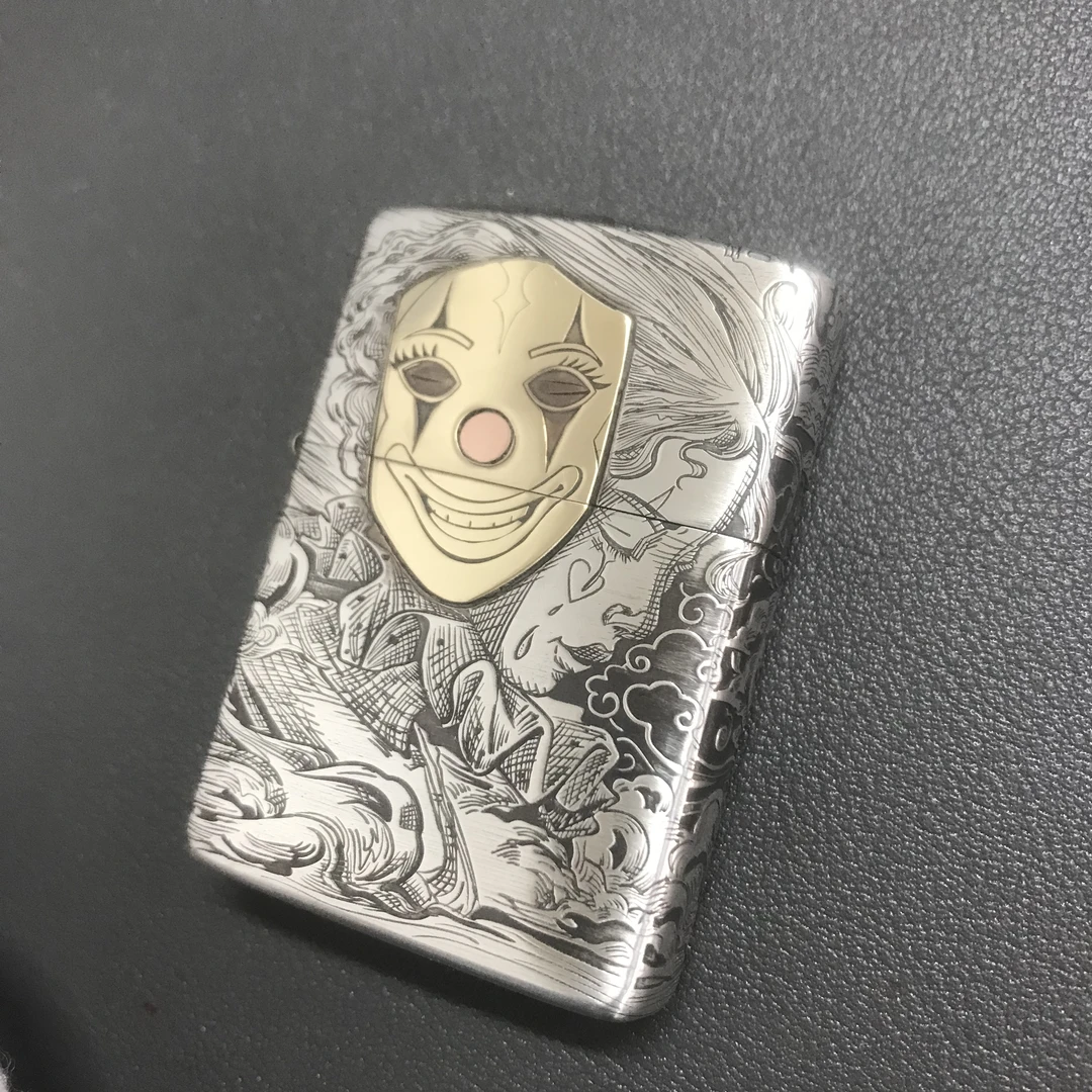 【千语925银盔甲面具人生】二选一 五面雕刻镶嵌纯银防风打火机礼品