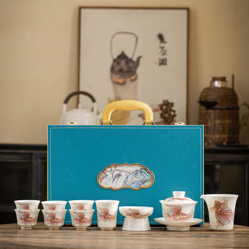 新品白瓷羊脂玉手彩盖碗如鱼得水家用办公室功夫茶具套装高档送礼