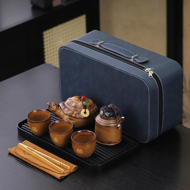 酱釉新旅行功夫茶具套装家用仿古长寿龟壶陶瓷户外便携式礼品批发