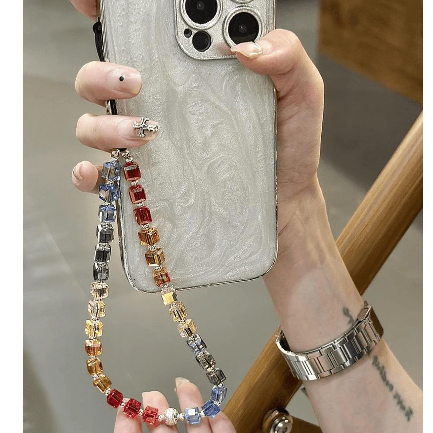七彩水晶彩虹渐变色手机链手机侧挂绳ccd 包包挂饰个性防丢女短款