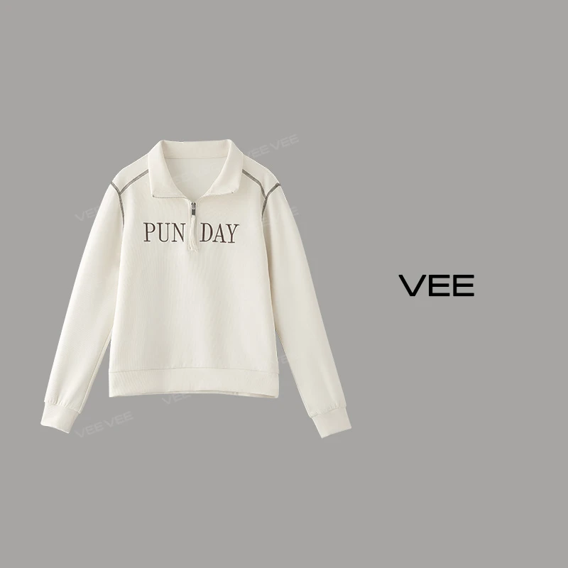 【短视频】VEE【复古回潮】长袖半拉链字母绣花运动感套头卫衣
