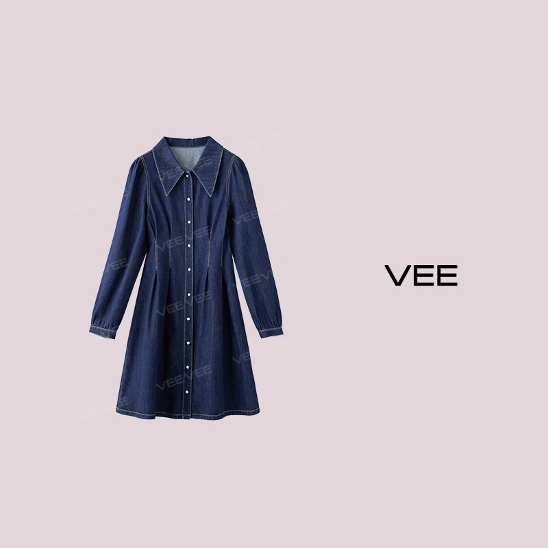 VEE【蓝风聆】新款气质长袖收腰显瘦短款牛仔连衣裙