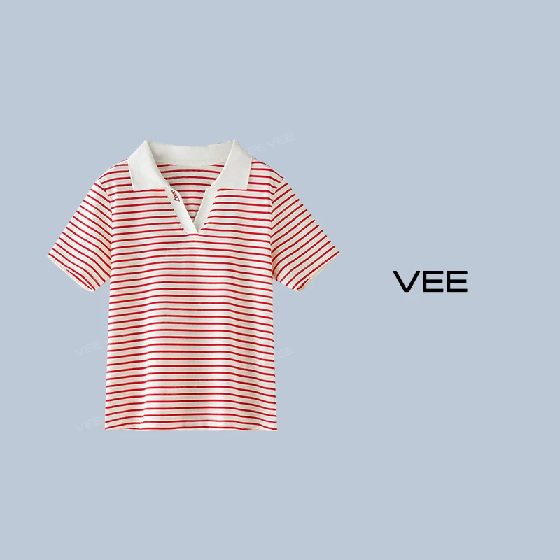 VEE【平衡T】【专属】夏款显瘦针织休闲百搭短袖条纹polo领T恤