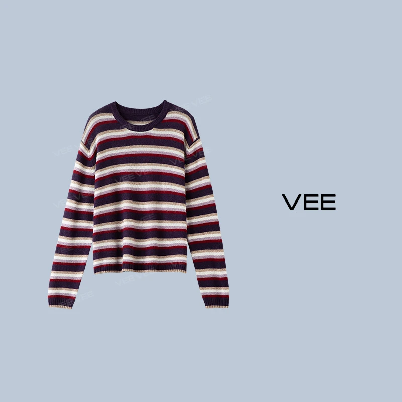 【短视频】VEE【条纹美学】新品百搭宽松条纹撞色圆领羊毛混纺针织衫
