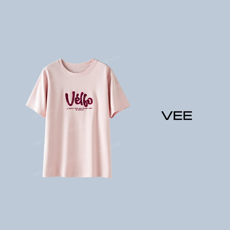 VEE【时光T】24夏时尚舒适百搭正肩珠片绣新款重工亮片绣字母T恤