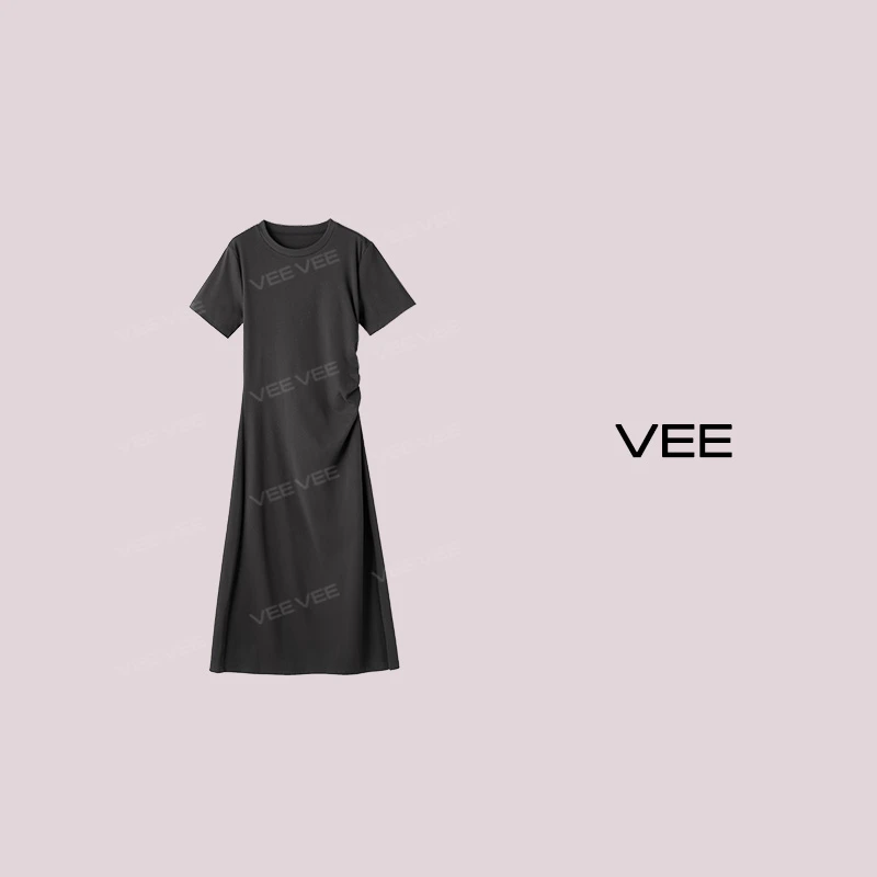 VEE【马赛裙】夏季黑色气质休闲设计感短袖抽褶凉感连衣裙