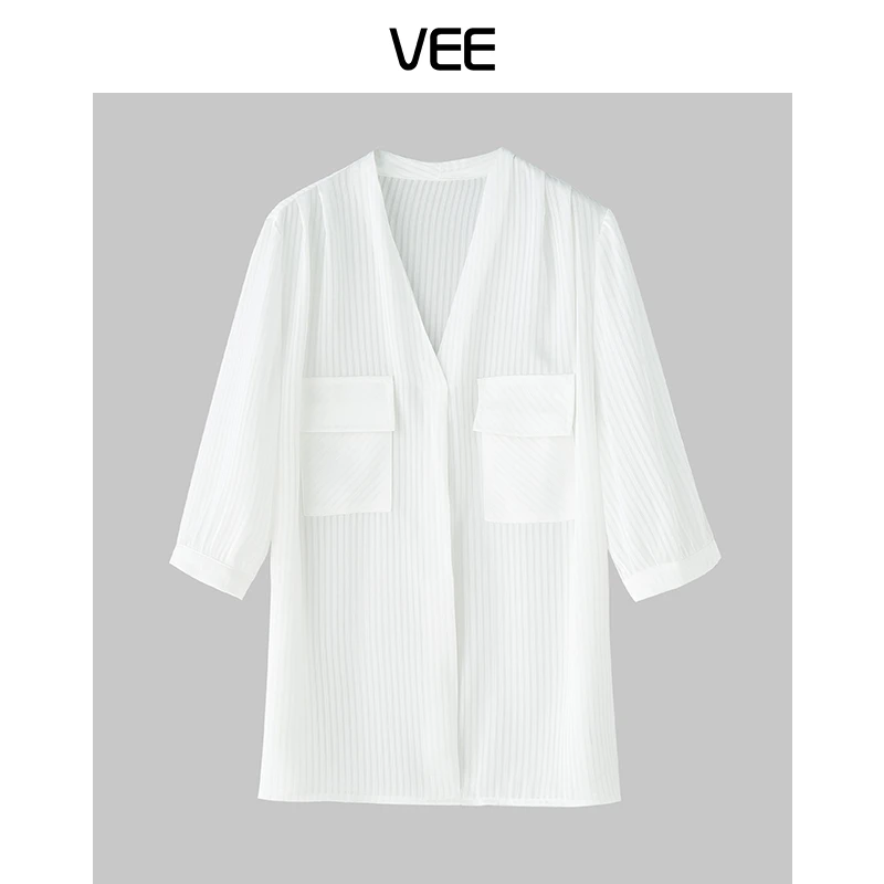 VEE【白梨小姐】时尚气质白色衬衫V领口袋垂感短袖上衣