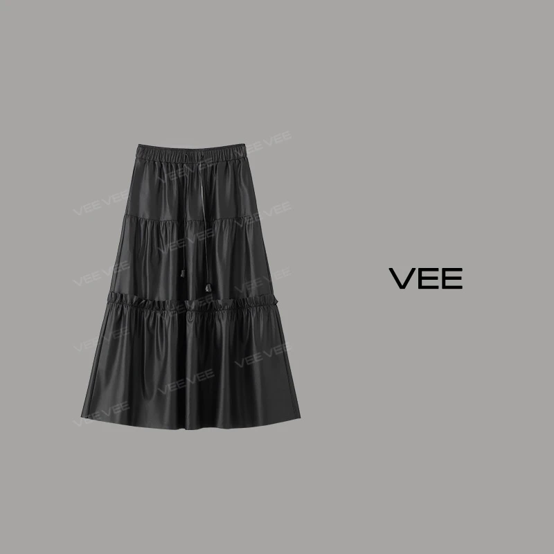 【短视频】VEE【黑蛋糕】新款高腰黑色蛋白皮松紧腰蓬蓬裙中长裙