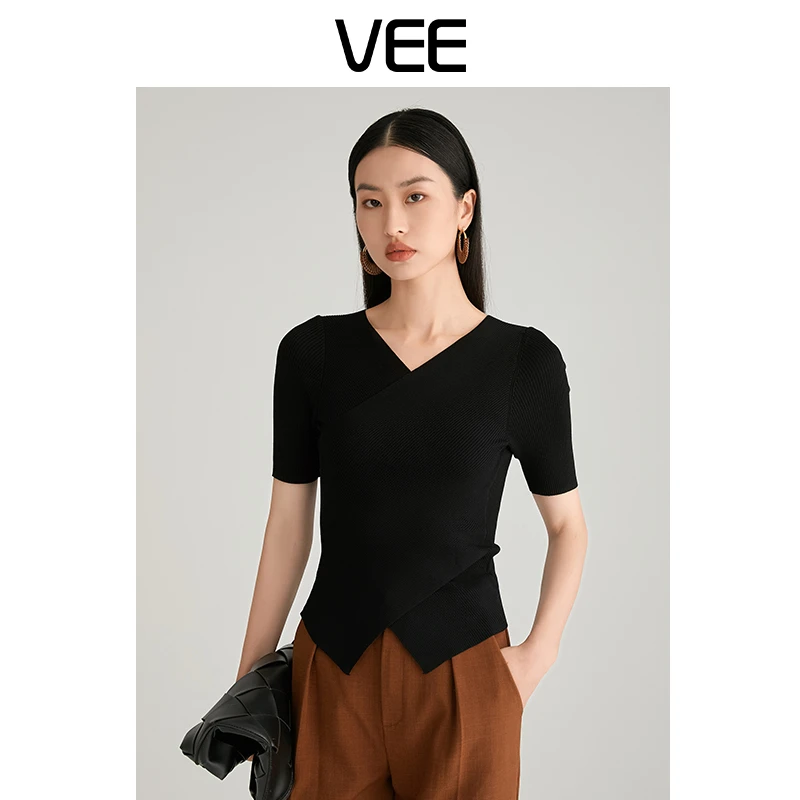 VEE【夏威夷落日】夏季小众简约气质显瘦打底V领针织上衣