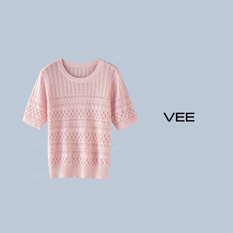 VEE【海滨夏日】夏新款设计肌理感圆&V领钩花短袖针织衫