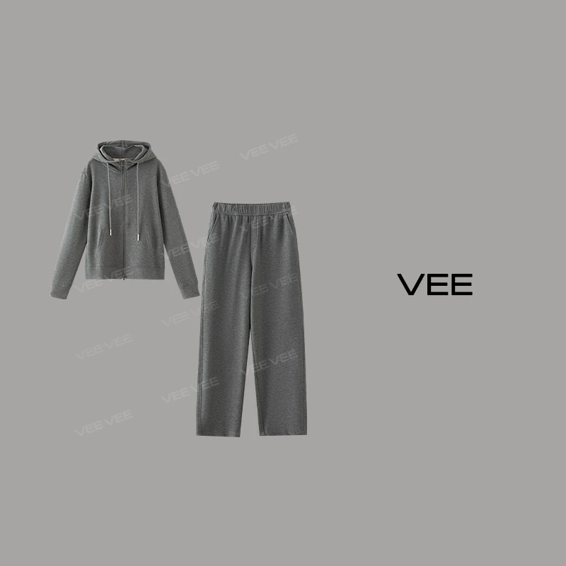 【短视频】VEE【时髦尖子生】新品针织休闲连帽纯色运动上衣裤装