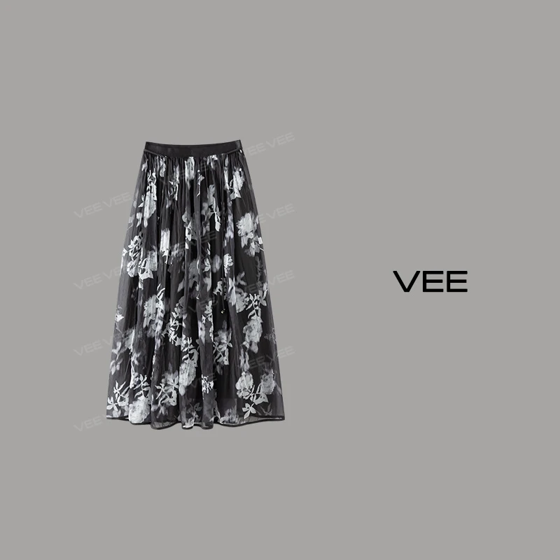 【短视频】VEE【泼墨艺术】24夏显瘦气质新款松紧腰印花仙气长半裙