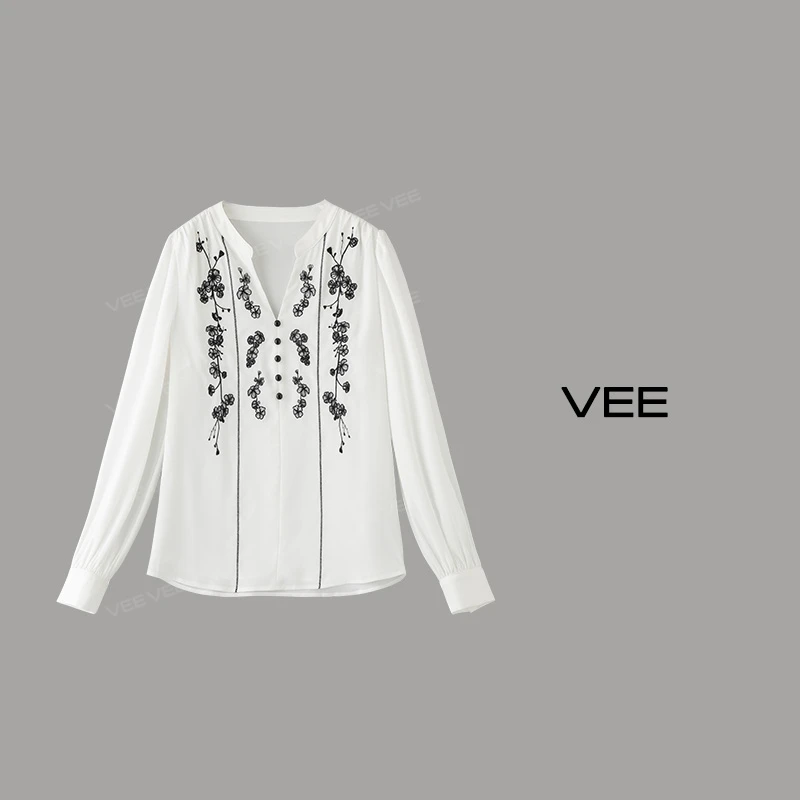 【短视频】VEE【月光手书】百搭撞色刺绣V领长袖修身显瘦白色衬衫