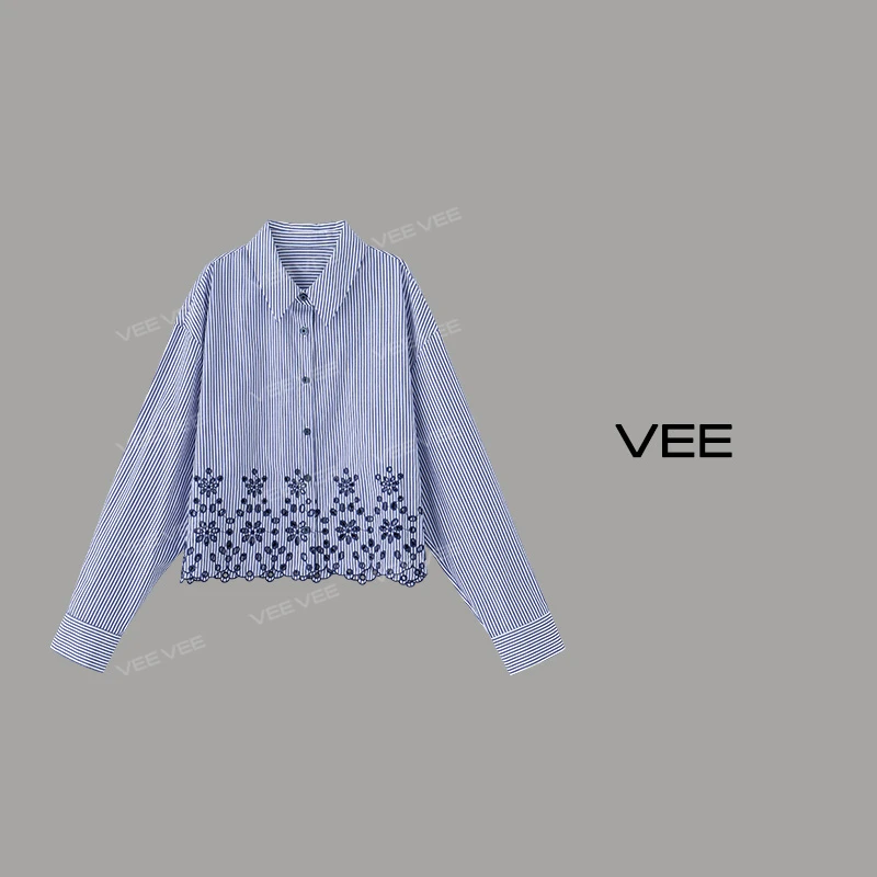 【短视频】VEE【法式条纹】长袖下摆花朵镂空刺绣条纹翻领衬衫