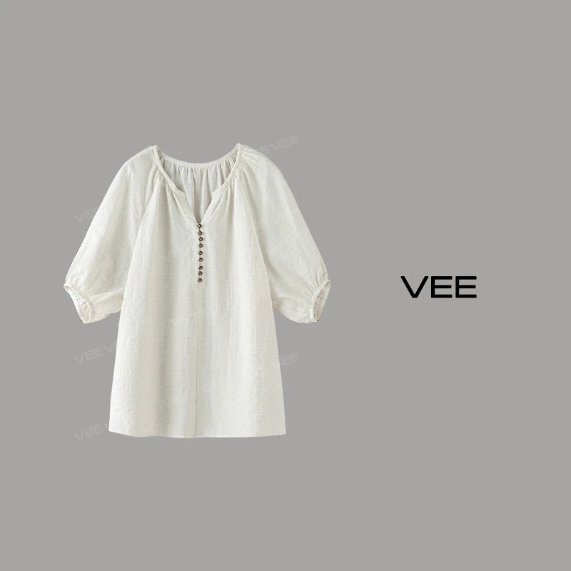 【短视频】VEE【南法之约】24夏新款气质中袖棉麻杆灯笼袖休闲衬衫