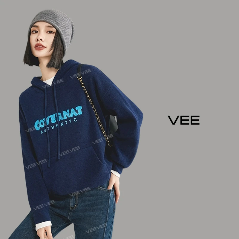 【短视频】VEE【黑客少女】秋冬新款加绒字母刺绣套头针织连帽卫衣