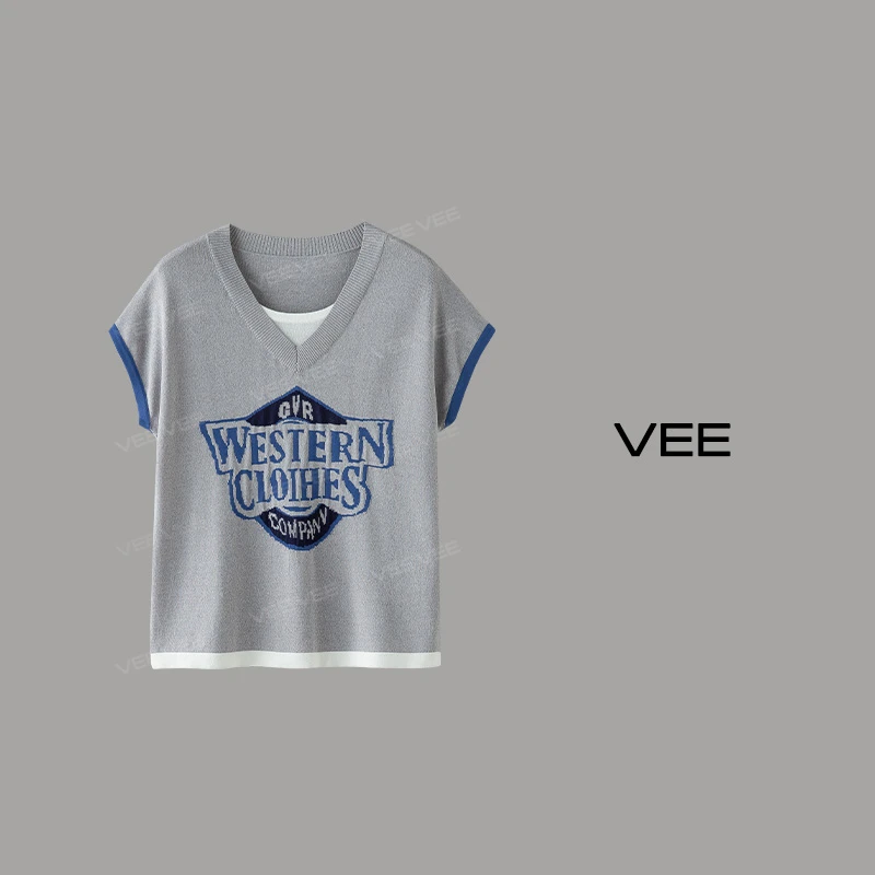 VEE【慢调生活】夏新款撞色字母提花假两件小飞袖针织衫