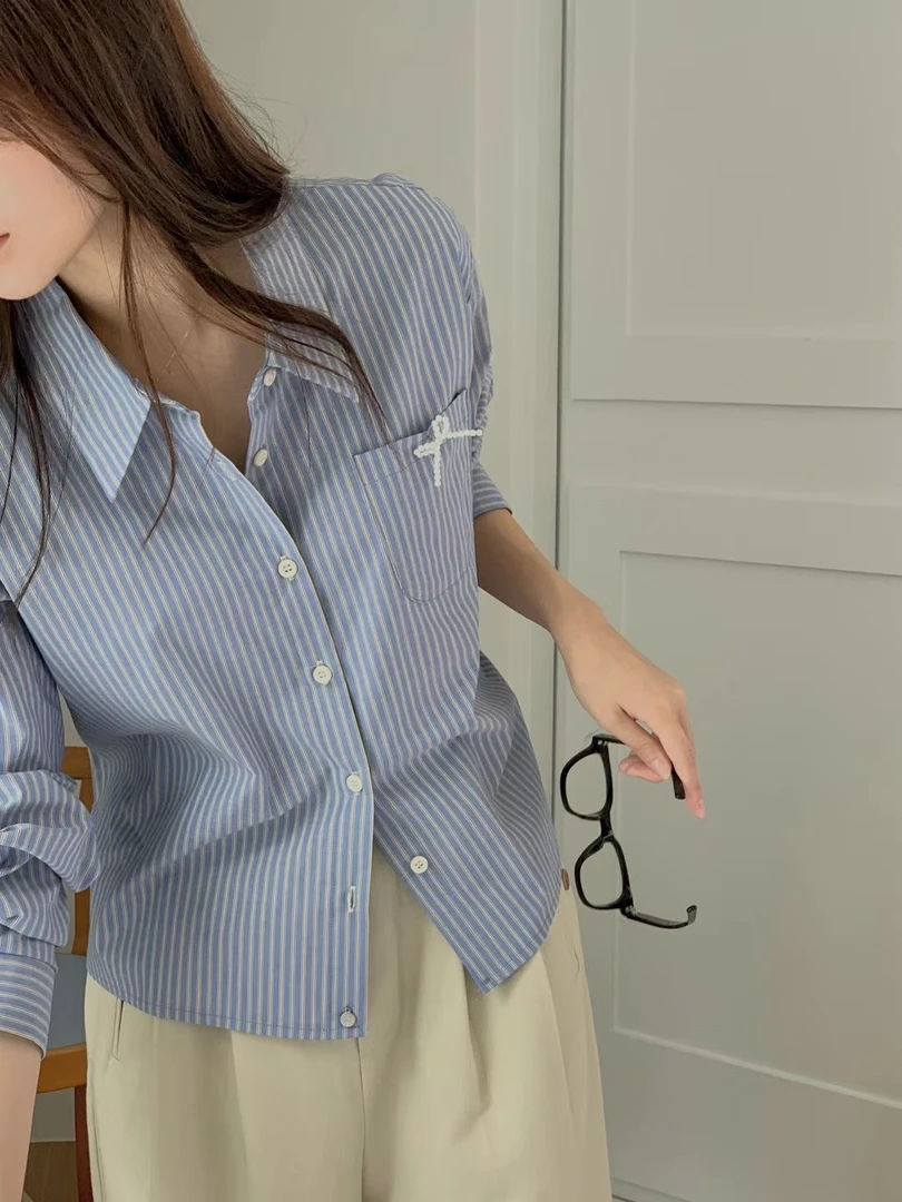 橘子家 韩国正品珍珠蝴蝶结条纹衬衫