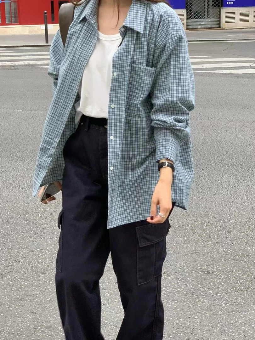 橘子家不退换−东大门经典格纹衬衫宽松韩系慵懒风休闲洋气衣服女